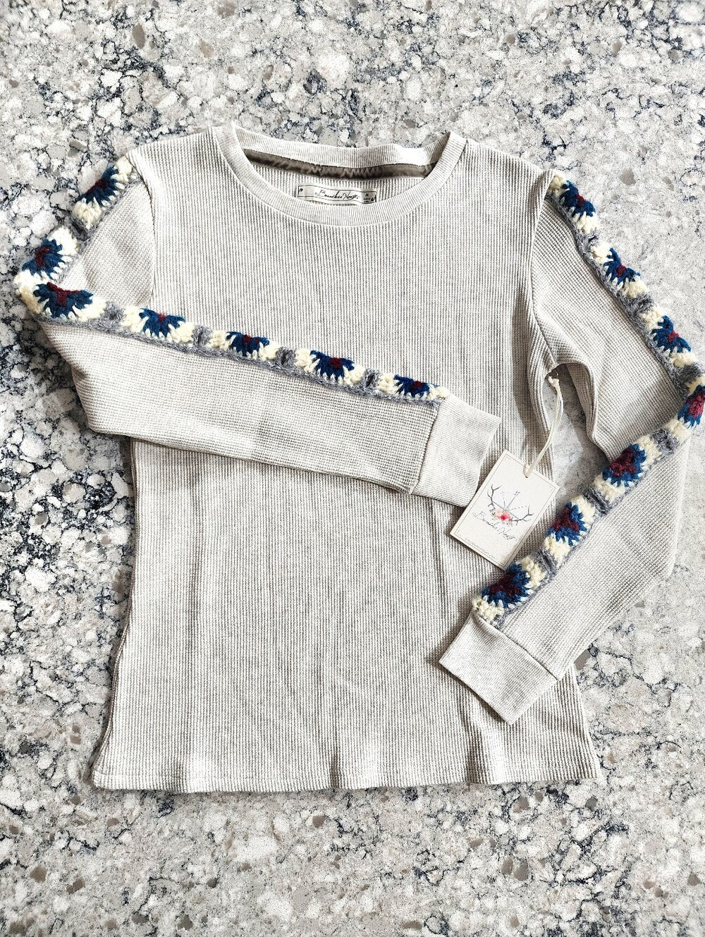 Brand New Long Sleeve Heather Gray Knit Top with Retro Boho Crochet Trim Medium